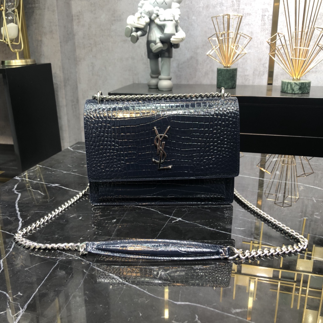 Saint Laurent Sunset Crocodile Embossed Calfskin Handbag Shoulder Bag Dark Blue 442906 Silver